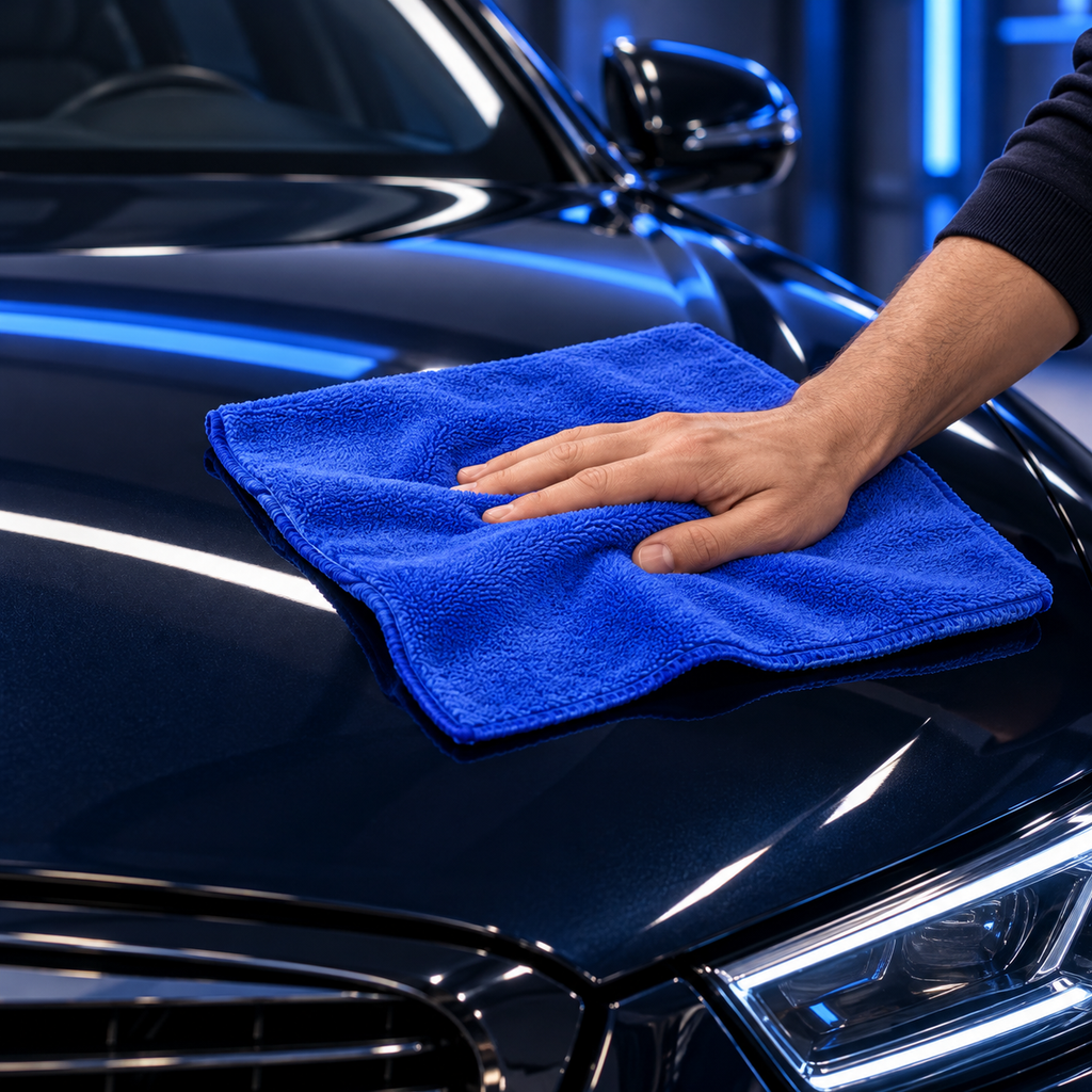 AI lifestyle illustration — Zenforix Microfiber Detailing Towel